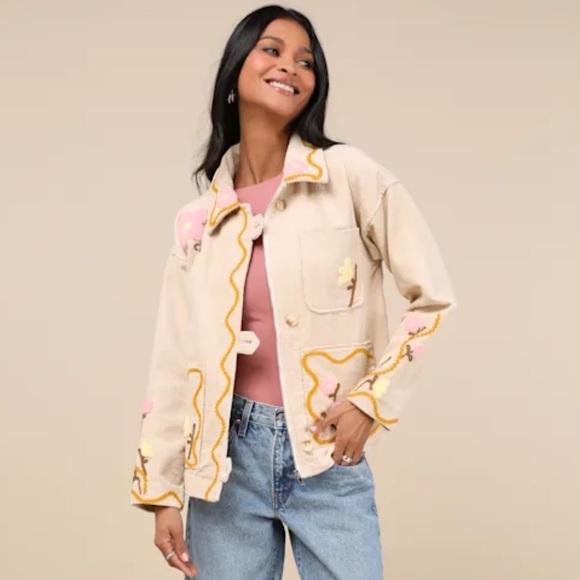 Kerry beige multi corduroy embroidered collared jacket - Picture 2 of 6